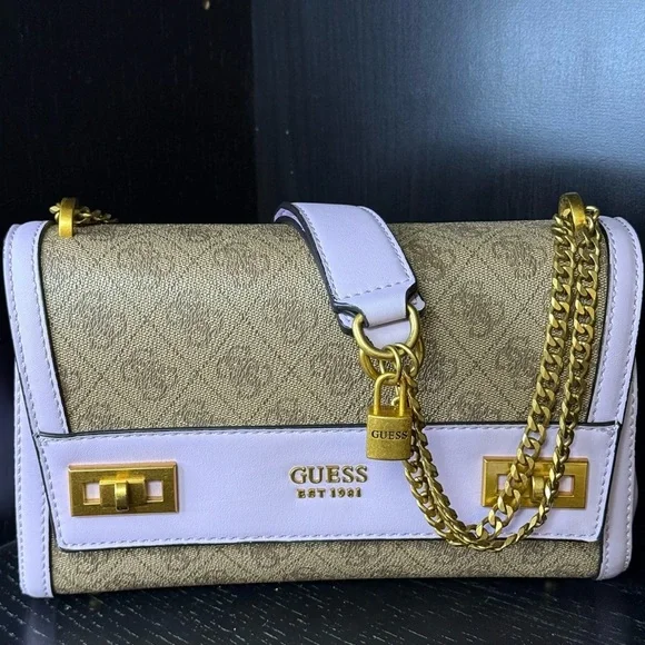 GUESS Katey Flap Shoulder Bag Lilac Rare Quilted Purse Crossbody Lavender Cream - Picture 2 of 15